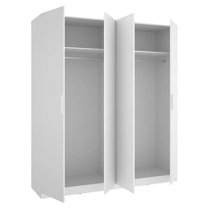 Dekit Armario para ropa Emax - L x An x Al: 51,4 x 182,1 x 203,5 cm, Blanco, Número de puertas: 4 ud. - Armario blanco abierto con tres compartimentos, cada uno con un estante y una barra.
