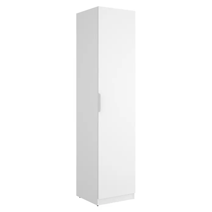 Dekit Armario para ropa Emax - L x An x Al: 51,4 x 45,5 x 203,5 cm, Blanco - Armario alto blanco de una sola puerta con tirador moderno y pequeños pies oscuros.