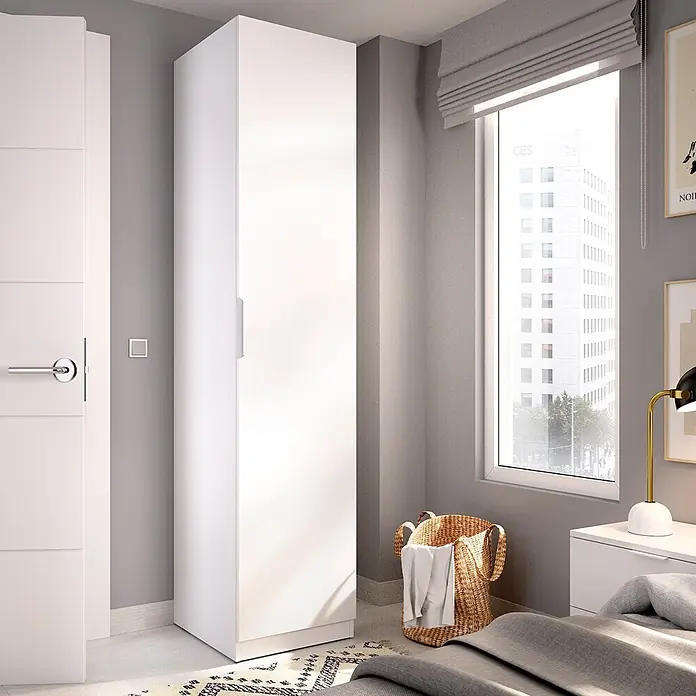 Dekit Armario para ropa Emax - L x An x Al: 51,4 x 45,5 x 203,5 cm, Blanco - Armario alto blanco con tirador elegante, acabado brillante, en un dormitorio moderno.