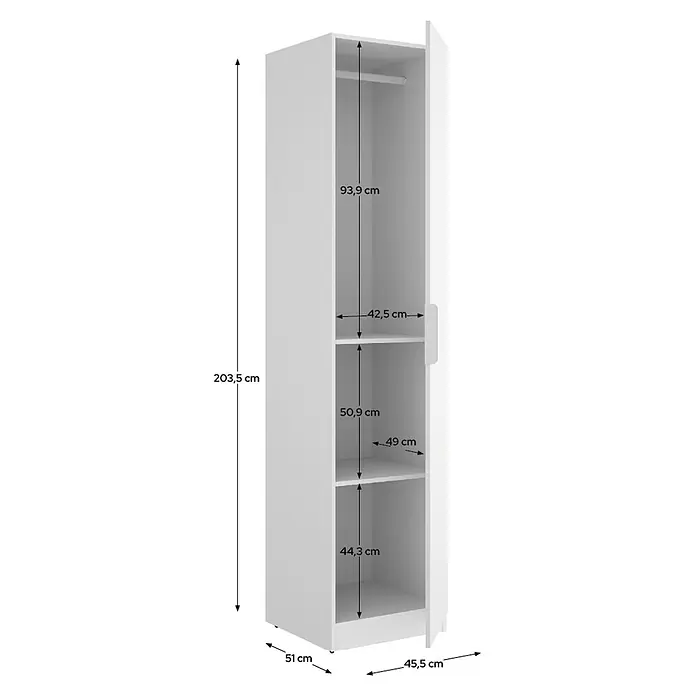 Dekit Armario para ropa Emax - L x An x Al: 51,4 x 45,5 x 203,5 cm, Blanco - Armario blanco de una puerta con estantes interiores, barra para colgar ropa y dimensiones detalladas.