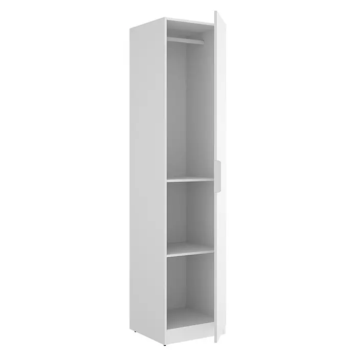 Dekit Armario para ropa Emax - L x An x Al: 51,4 x 45,5 x 203,5 cm, Blanco - Armario blanco alto y estrecho con una puerta abierta, barra para colgar y dos estantes de almacenamiento.