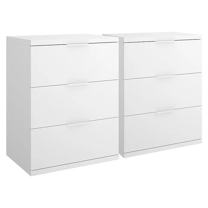 Dekit Mesita de noche Río - L x An x Al: 34,2 x 42 x 56,8 cm, Blanco, 2 ud. - Dos cómodas blancas, cada una con tres cajones y tiradores integrados.