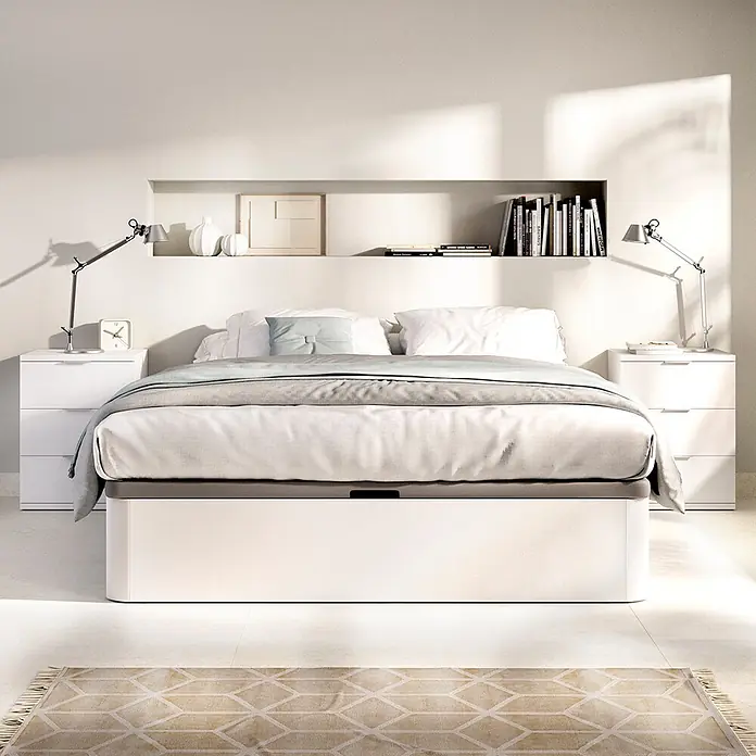 Dekit Canapé Round - 190 x 150 x 32 cm, Blanco, Abatible - Cama canapé blanca moderna con ropa de cama blanca, manta gris claro y mesitas de noche a juego en un dormitorio minimalista.