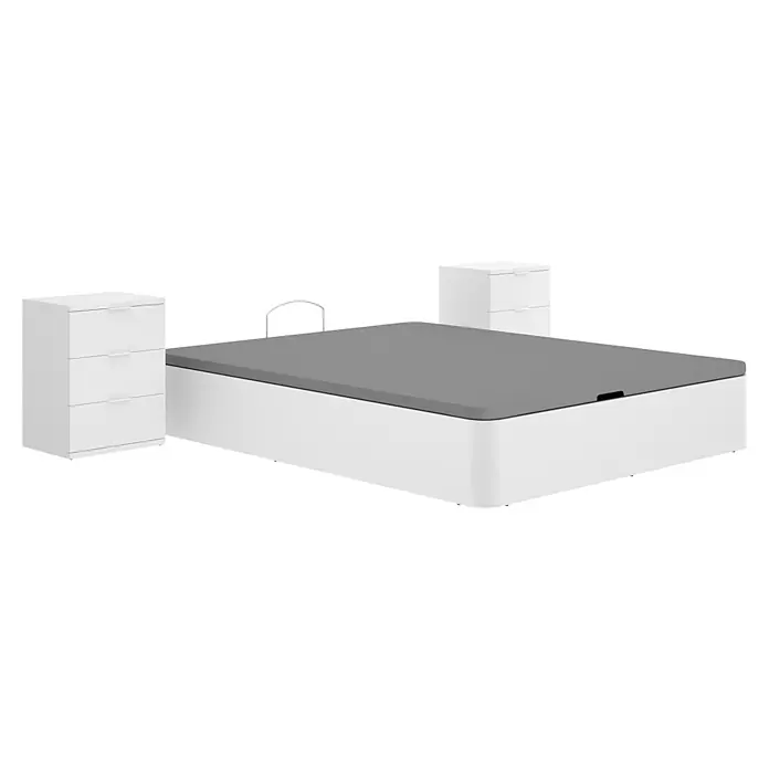 Dekit Canapé Round - 190 x 135 x 32 cm, Blanco, Abatible - Base de cama blanca con colchón gris y dos mesitas de noche blancas con cajones.