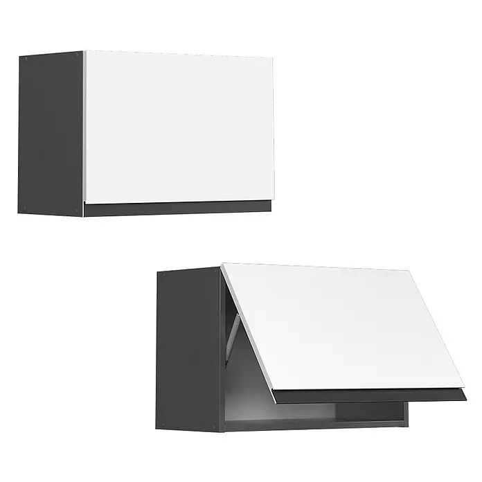 Vicco Schrankküche R-Line Weiß J-Shape, flach - Weiß, Hängeschrank 60 cm (flach) grifflos - Zwei dunkelgraue Hängeschränke mit weißen Klapptüren; einer geschlossen, einer geöffnet.