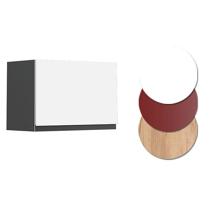 Vicco Schrankküche R-Line Weiß J-Shape, flach - Weiß, Hängeschrank 60 cm (flach) grifflos - Weißer Wandschrank mit dunkelgrauem Korpus. Farbmuster für die Tür: Weiß, Rotbraun und helles Holz.