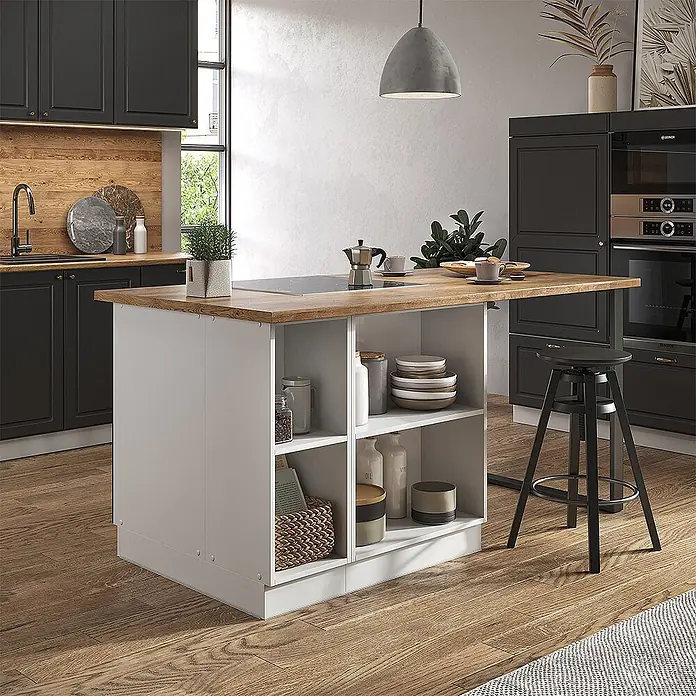 Vicco Inselküche Fame-Line Anthrazit-Gold/Weiß mit Schublade, ohne Arbeitsplatte - Breite: 90 cm, Anthrazit-Gold, Ohne Elektrogeräte - Weiße Kücheninsel mit heller Holzplatte und offenen Regalen, mit integriertem Kochfeld und Sitzgelegenheit.