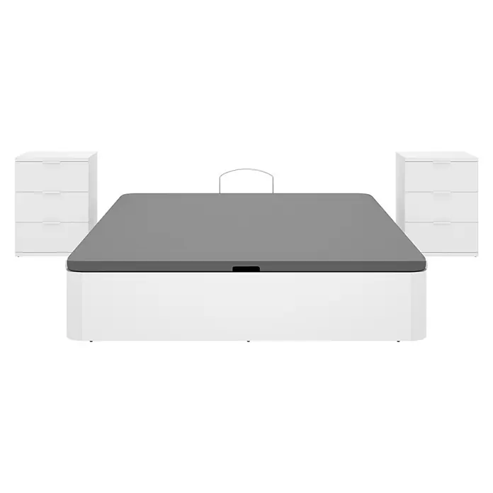 Dekit Canapé Round - 190 x 135 x 32 cm, Blanco, Abatible - Base de cama blanca con funda de colchón gris oscuro, flanqueada por dos mesitas de noche blancas de tres cajones.