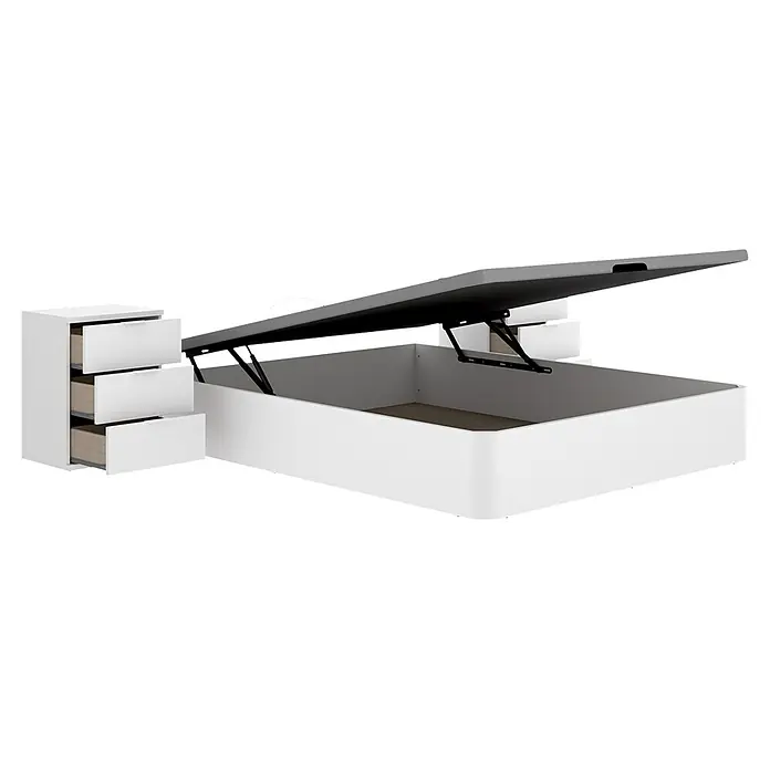 Dekit Canapé Round - 190 x 135 x 32 cm, Blanco, Abatible - Cama canapé blanca con base de colchón levantada que revela el almacenamiento interno y mesita de noche a juego con tres cajones, dos de ellos abiertos.