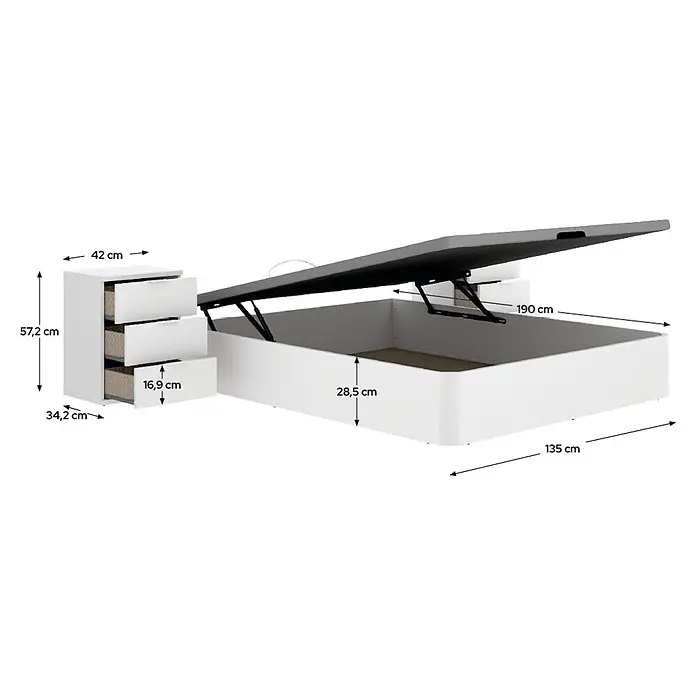 Dekit Canapé Round - 190 x 135 x 32 cm, Blanco, Abatible - Cama blanca con canapé abatible y mesita de noche a juego con cajones abiertos. Dimensiones visibles.