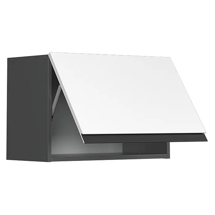 Vicco Schrankküche R-Line Weiß J-Shape, flach - Weiß, Hängeschrank 60 cm (flach) grifflos - Dunkelgrauer Wandschrank mit teilweiser offener weißer Klapptür, Gasfeder sichtbar.
