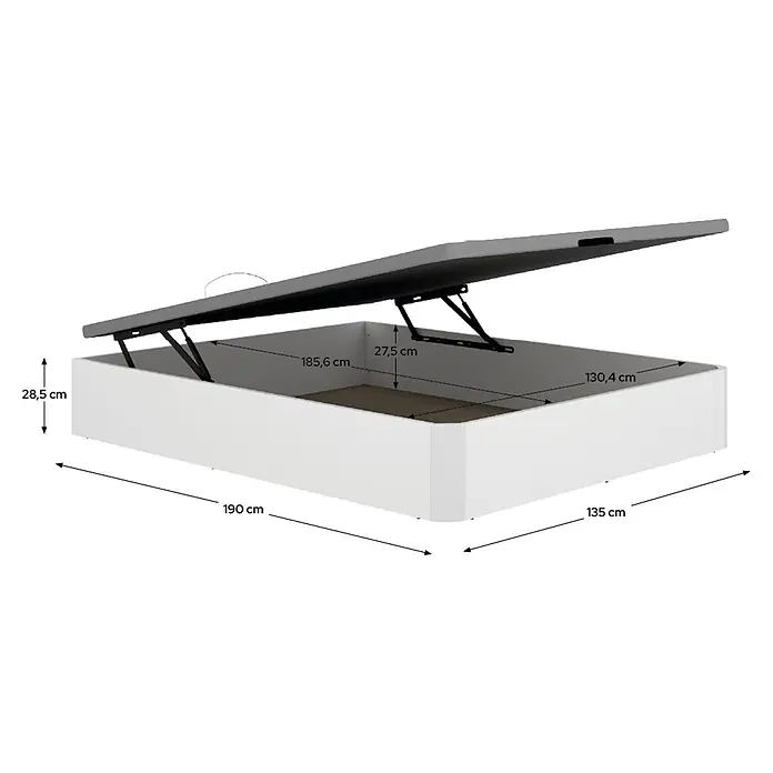 Dekit Canapé Round - 190 x 135 x 32 cm, Blanco, Abatible - Base de canapé blanca con tapa gris levantada, mostrando almacenamiento y varias dimensiones.