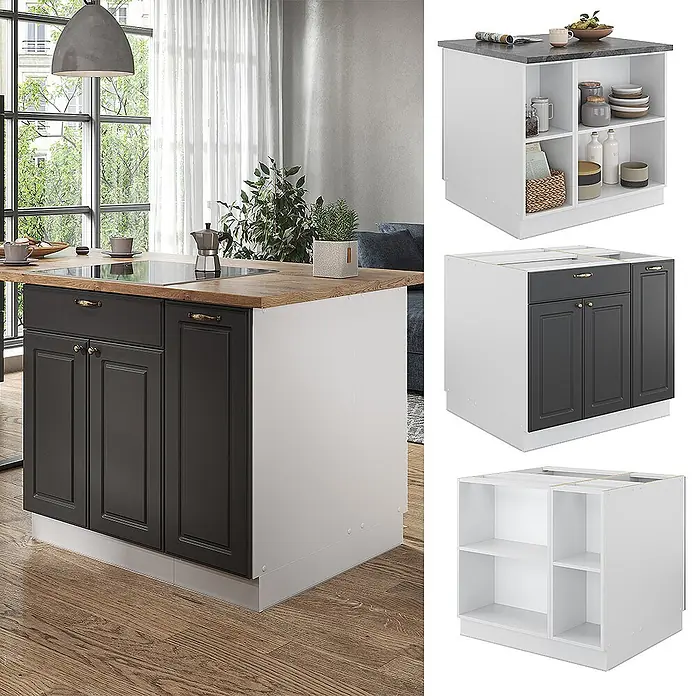 Vicco Inselküche Fame-Line Anthrazit-Gold/Weiß mit Schublade, ohne Arbeitsplatte - Breite: 90 cm, Anthrazit-Gold, Ohne Elektrogeräte - Modulare Kücheninsel: dunkelgraue Schränke, weiße Paneele, Holzarbeitsplatte mit integriertem Kochfeld und offenen Regalen.