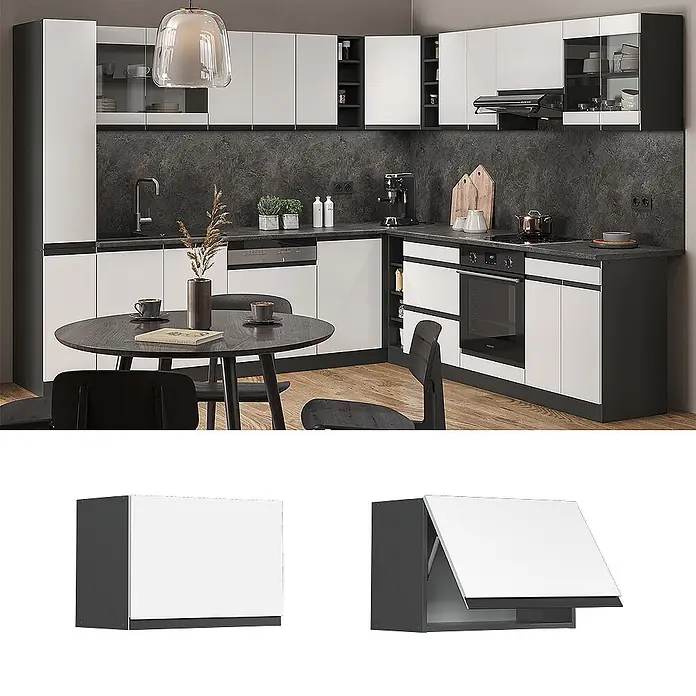 Vicco Schrankküche R-Line Weiß J-Shape, flach - Weiß, Hängeschrank 60 cm (flach) grifflos - Weißer Küchen-Hängeschrank mit dunkelgrauem Rahmen, geschlossen und mit nach oben öffnender Tür dargestellt.