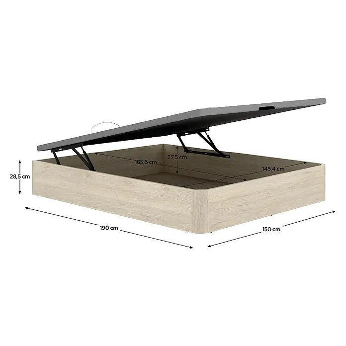 Dekit Canapé Round - 190 x 150 x 32 cm, Roble Cambrian, Abatible - Canapé abatible de madera clara con tapa gris, abierto, mostrando almacenamiento y mecanismo hidráulico. Las dimensiones se indican.