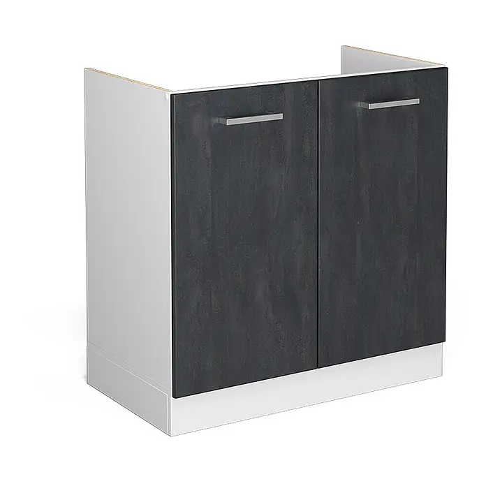Vicco Spülenunterschrank R-Line, Schwarz Beton, 80 cm -  - Dunkelgrauer Küchenunterschrank mit zwei Türen, weißen Seiten und silbernen Griffen.