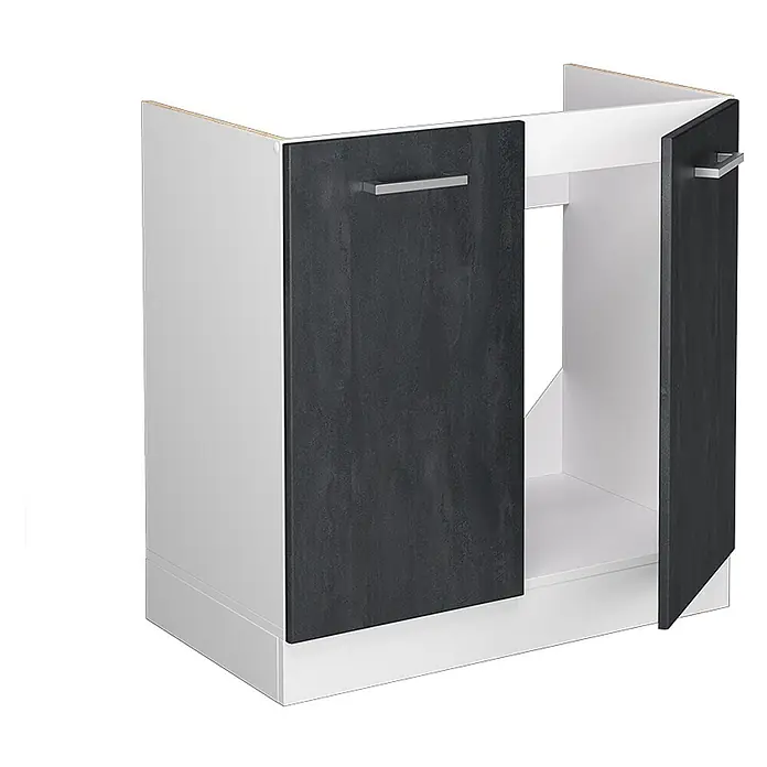 Vicco Schrankküche R-Line Schwarz Beton AP Eiche - Schwarz Beton, Spülenunterschrank 80 cm - Weißer Unterschrank mit dunklen Strukturtüren und silbernen Griffen, eine Tür offen.