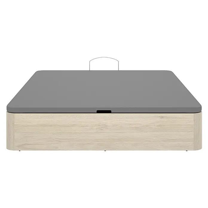 Dekit Canapé Round - 190 x 150 x 32 cm, Roble Cambrian, Abatible - Base de cama canapé de madera clara con colchón gris y tirador.