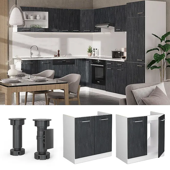 Vicco Schrankküche R-Line Schwarz Beton AP Eiche - Schwarz Beton, Spülenunterschrank 80 cm - Moderne dunkelgraue Küchenschränke mit Textur, einschließlich Unter-, Ober- und Hochschränken, gezeigt mit verstellbaren Beinen.