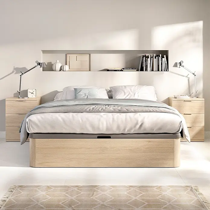 Dekit Canapé Round - 190 x 150 x 32 cm, Roble Cambrian, Abatible - Dormitorio moderno con cama de madera clara con almacenaje, ropa de cama blanca/gris y mesitas de noche a juego.