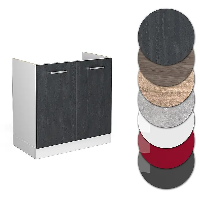 Vicco Schrankküche R-Line Schwarz Beton AP Eiche - Schwarz Beton, Spülenunterschrank 80 cm - Zweitüriger Unterschrank mit dunkelgrauen strukturierten Türen und weißem Korpus. Farbmuster zeigen verschiedene Ausführungen.