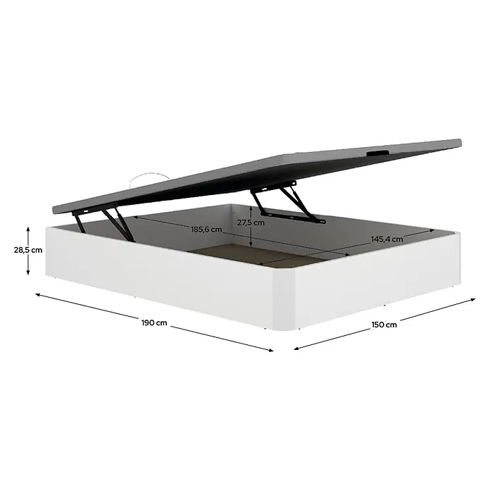 Dekit Canapé Round - 190 x 150 x 32 cm, Blanco, Abatible - Base de cama con almacenamiento blanca con tapa tapizada gris abierta, revelando el espacio de almacenamiento interno.
