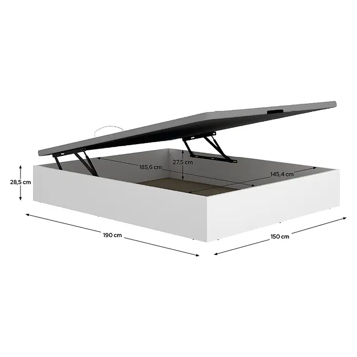 Dekit Canapé Nest - L x An x Al: 190 x 150 x 32 cm, Blanco - Base de cama blanca con almacenaje, soporte de colchón gris abierto, mostrando dimensiones internas y altura.