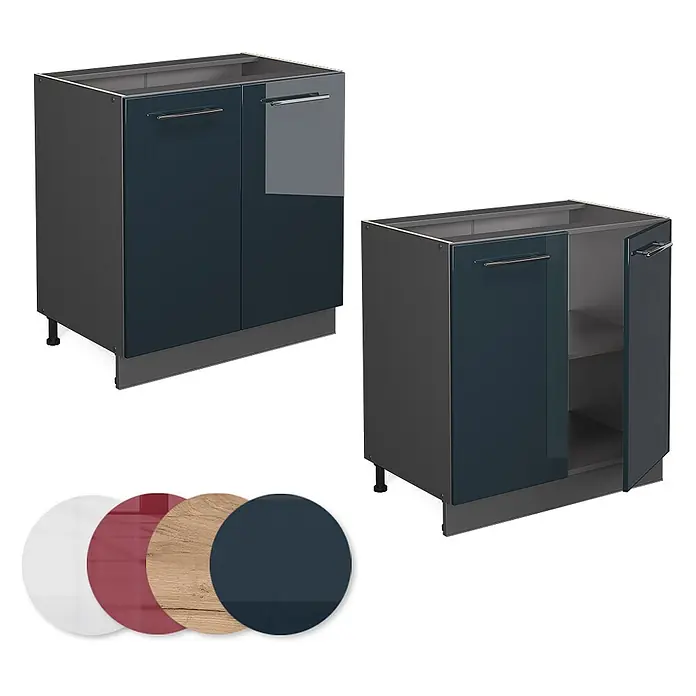 Vicco Schrankküche Fame-Line Dunkelblau Hochglanz mit Regal, AP Marmor - Dunkelblau Hochglanz, Unterschrank 80 cm, AP Marmor - Zwei Küchenunterschränke mit hochglänzenden dunkelblauen Türen und dunkelgrauem Korpus. Ein Schrank ist offen, zeigt Regalböden. Inklusive Materialmuster.