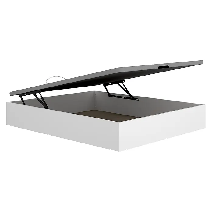 Dekit Canapé Nest - L x An x Al: 190 x 150 x 32 cm, Blanco - Base de cama abatible blanca con plataforma gris levantada, mostrando el almacenaje interno y mecanismo de gas negro.