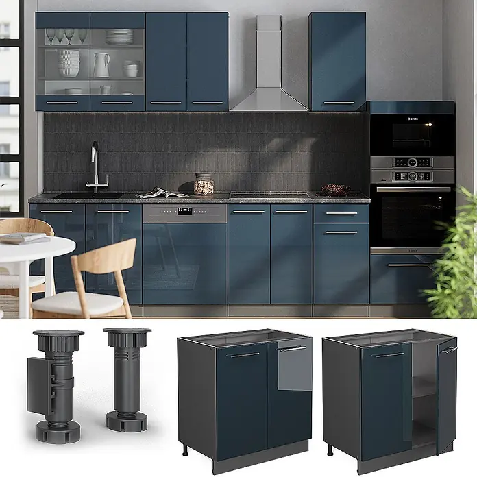 Vicco Schrankküche Fame-Line Dunkelblau Hochglanz mit Regal, AP Marmor - Dunkelblau Hochglanz, Unterschrank 80 cm, AP Marmor - Moderne blaue Hochglanz-Küchenschränke mit Metallgriffen und verstellbaren Sockelfüßen, integriert in eine moderne Küche.