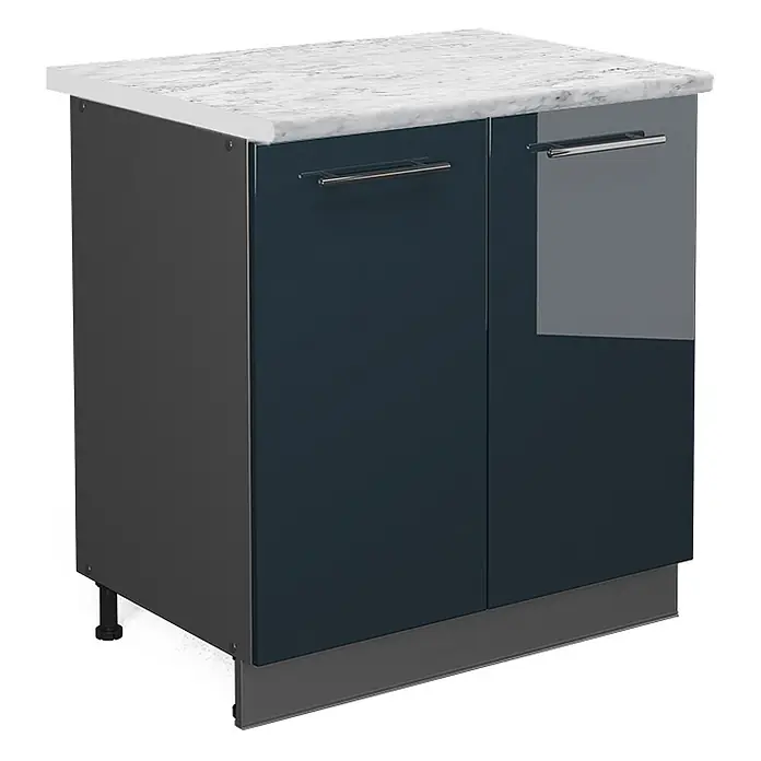 Vicco Schrankküche Fame-Line Dunkelblau Hochglanz mit Regal, AP Marmor - Dunkelblau Hochglanz, Unterschrank 80 cm, AP Marmor - Zweitüriger Unterschrank mit weißer Marmorplatte, dunkelblauen Hochglanztüren und silbernen Griffen.