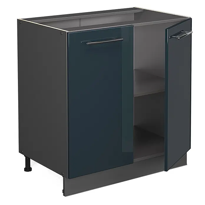 Vicco Schrankküche Fame-Line Dunkelblau Hochglanz mit Regal, AP Marmor - Dunkelblau Hochglanz, Unterschrank 80 cm, AP Marmor - Dunkelgrauer Küchenunterschrank mit glänzenden dunkelblauen Türen, silbernen Griffen und sichtbaren Einlegeböden.
