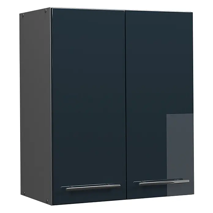 Vicco Schrankküche Fame-Line Dunkelblau Hochglanz - Dunkelblau Hochglanz, Hängeschrank 60 cm - Glänzender, dunkelblauer zweitüriger Wandschrank mit mattgrauen Seiten und verchromten Griffen.