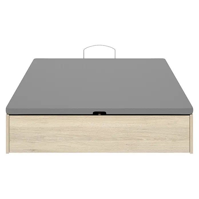 Dekit Canapé Lan - L x An x Al: 190 x 135 x 32 cm, Natural, Zapatero - Caja de almacenamiento de madera clara con tapa tapizada gris y pequeña asa central recortada.