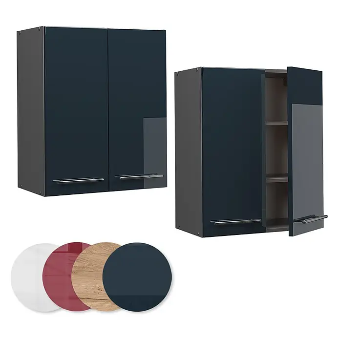 Vicco Schrankküche Fame-Line Dunkelblau Hochglanz - Dunkelblau Hochglanz, Hängeschrank 60 cm - Zwei dunkelblaue glänzende Küchenwandschränke mit Chromgriffen, einer offen mit Regalen. Farbmuster inklusive.
