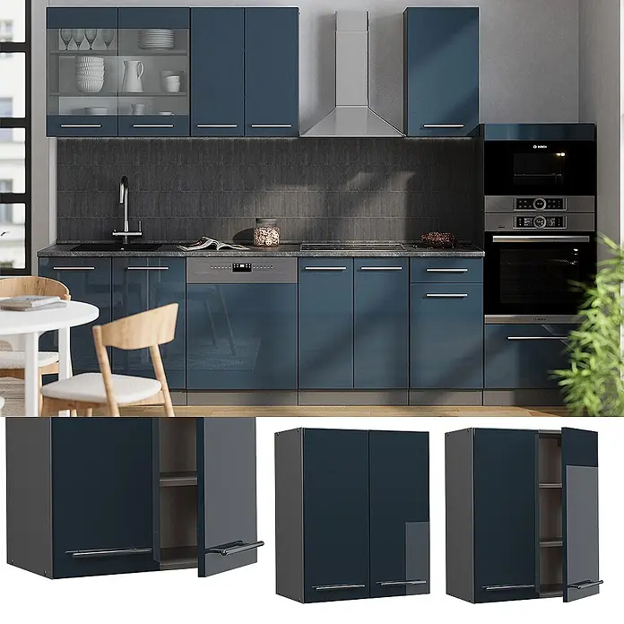 Vicco Schrankküche Fame-Line Dunkelblau Hochglanz - Dunkelblau Hochglanz, Hängeschrank 60 cm - Moderne glänzend dunkelblaue Küche mit integrierten Geräten, Glasvitrinen und silbernen Griffen.