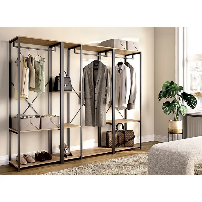 Dekit Armario para ropa Trok - L x An x Al: 40,4 x 210 x 167 cm, Negro/Roble, Melamina - Gran sistema de armario abierto con estructura de metal negro y estantes de madera clara, para guardar ropa, zapatos y bolsos.