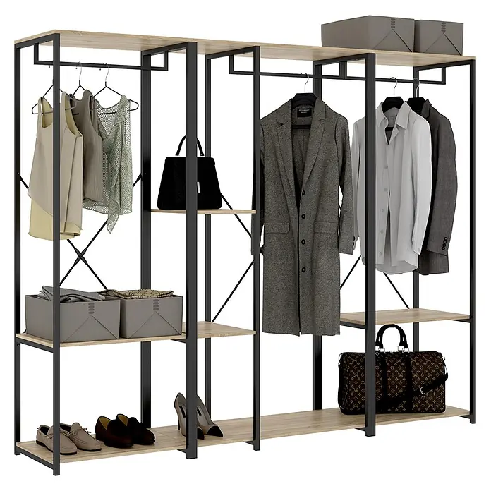Dekit Armario para ropa Trok - L x An x Al: 40,4 x 210 x 167 cm, Negro/Roble, Melamina - Armario abierto con estructura de metal negro y estantes de madera clara, con barras para colgar ropa, almacenamiento para ropa, zapatos y bolsos.