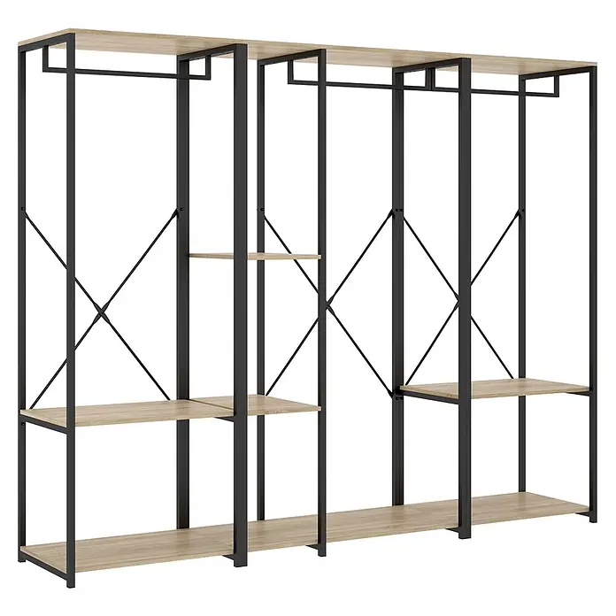 Dekit Armario para ropa Trok - L x An x Al: 40,4 x 210 x 167 cm, Negro/Roble, Melamina - Armario abierto con estantes de madera clara y estructura de metal negro para ropa o exhibición.