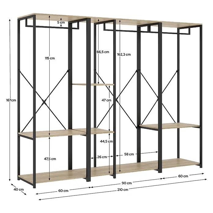 Dekit Armario para ropa Trok - L x An x Al: 40,4 x 210 x 167 cm, Negro/Roble, Melamina - Sistema de armario abierto con estructura de metal negro y estantes de madera clara, ofrece espacio para colgar y varios niveles de almacenamiento.