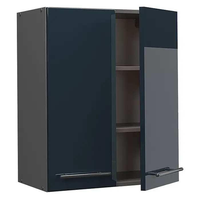 Vicco Schrankküche Fame-Line Dunkelblau Hochglanz - Dunkelblau Hochglanz, Hängeschrank 60 cm - Glänzender marineblauer Hängeschrank mit grauer Seite, einer geöffneten Tür mit Regalböden und silbernen Griffen.