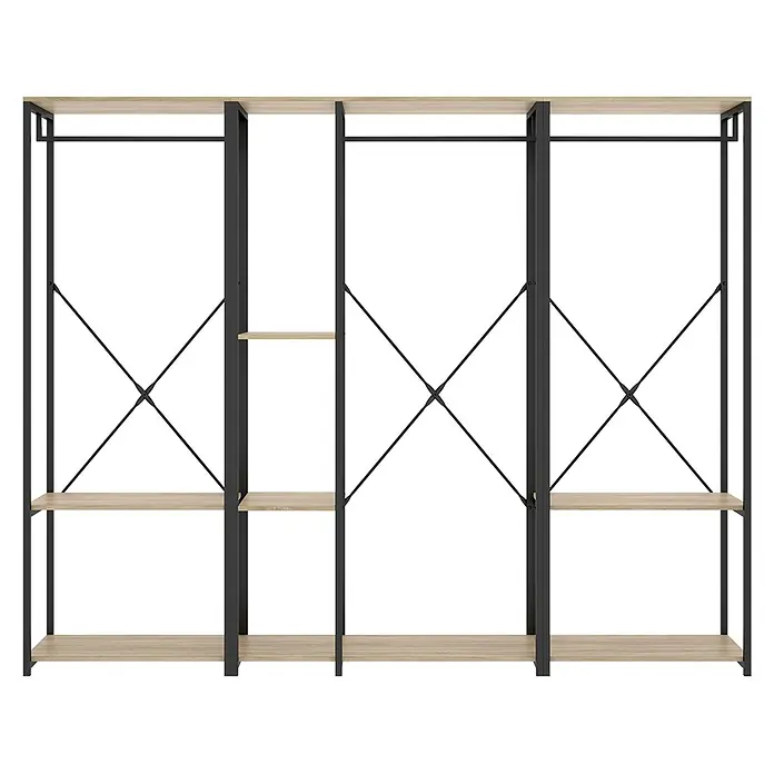 Dekit Armario para ropa Trok - L x An x Al: 40,4 x 210 x 167 cm, Negro/Roble, Melamina - Armario abierto modular con estructura de metal negro, estantes de madera clara y barras para colgar. Con refuerzo en X.