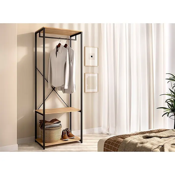 Dekit Armario para ropa Trok - L x An x Al: 40,4 x 60 x 167 cm, Negro/Roble, Acero/Melamina - Armario abierto alto con marco de metal negro, tres estantes de madera clara y una barra para colgar.