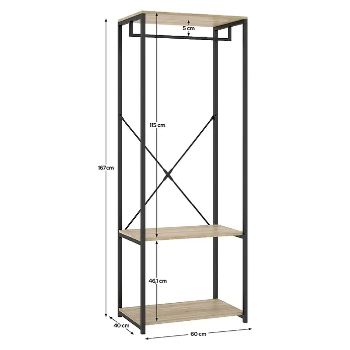 Dekit Armario para ropa Trok - L x An x Al: 40,4 x 60 x 167 cm, Negro/Roble, Acero/Melamina - Perchero de metal negro y aspecto de madera clara con barra y dos estantes. 167 cm de alto, 60 cm de ancho, 40 cm de fondo.