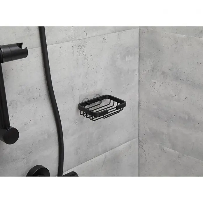 Tatay Aluminium Cesta de baño pequeña - 9 x 3,2 x 14 cm, Aluminio, Negro - Jabonera metálica negra de pared con ventosas en una ducha.