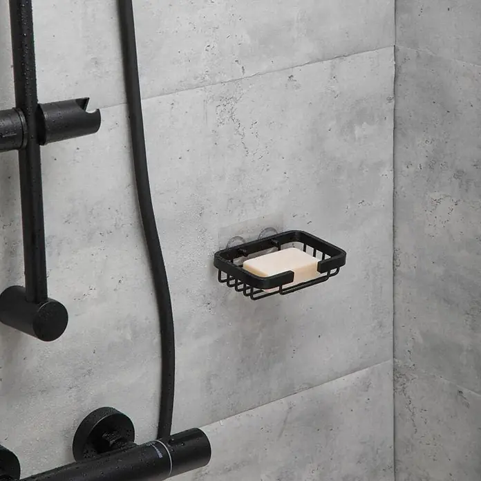 Tatay Aluminium Cesta de baño pequeña - 9 x 3,2 x 14 cm, Aluminio, Negro - Jabonera de metal negro con una pastilla de jabón, montada en una pared de ducha.