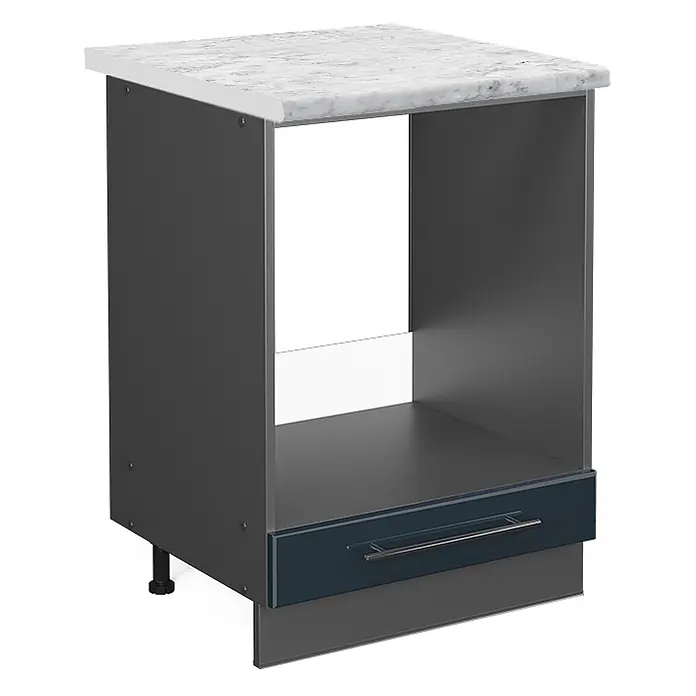 Vicco Schrankküche Fame-Line Dunkelblau Hochglanz, AP Marmor - Dunkelblau Hochglanz, Herdumbauschrank 60 cm - Dunkelgrauer Küchenunterschrank mit weißer Marmoroptik-Arbeitsplatte, offenem Fach und dunkelblauer Schublade mit Griff.