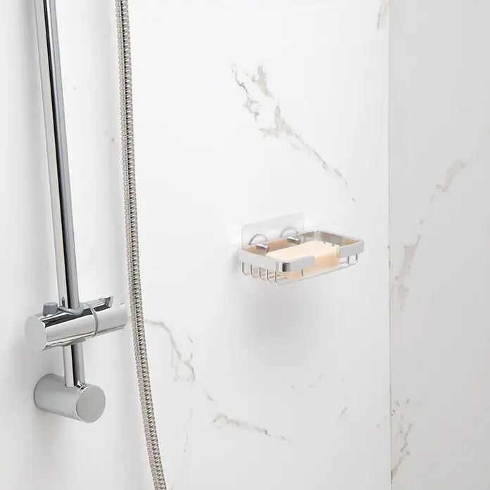 Tatay Aluminium Cesta de baño pequeña - 9 x 3,2 x 14 cm, Aluminio, Cromo - Jabonera de metal plateado con ventosas, con una pastilla de jabón, montada en la ducha.
