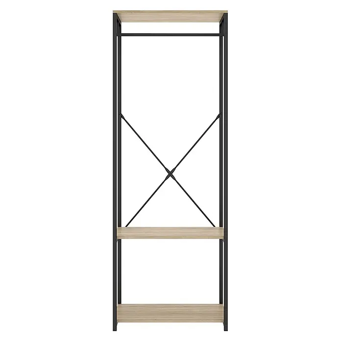Dekit Armario para ropa Trok - L x An x Al: 40,4 x 60 x 167 cm, Negro/Roble, Acero/Melamina - Estantería estrecha con baldas de madera clara, estructura de metal negro y barra para colgar superior, con refuerzo en cruz.