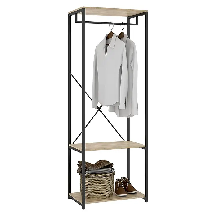Dekit Armario para ropa Trok - L x An x Al: 40,4 x 60 x 167 cm, Negro/Roble, Acero/Melamina - Armario abierto con estructura de metal negro y estantes de madera clara, con camisas, cesto y zapatos.